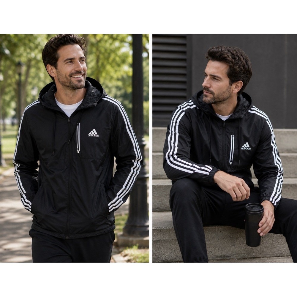 Windbreaker Jacket Adidas 3 strips men's color black full zip Size : Large
